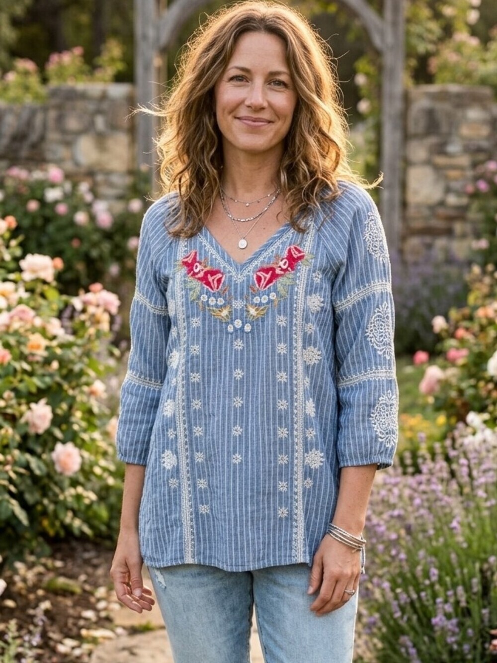 JOHNNY WAS Embroidered Floral Roses Striped Lightweight Blouse Top Size Small